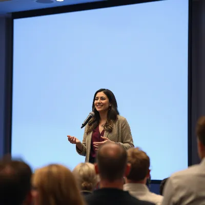 Elara Finch speaking at a wellness event, engaging with the audience
